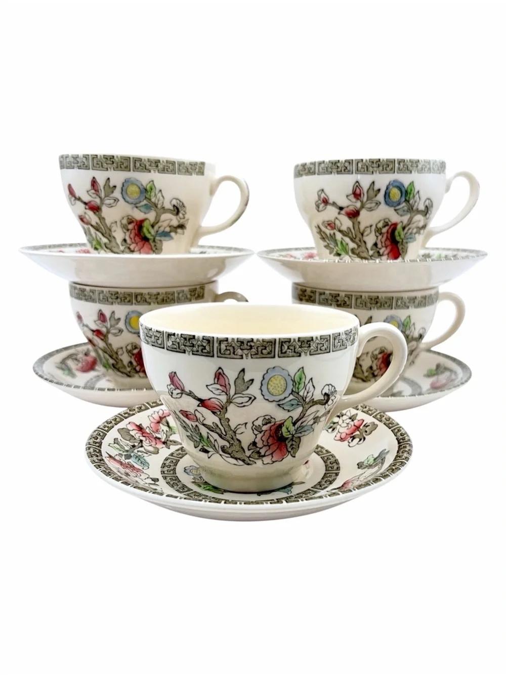 Set of Five Johnson Brothers Indian Tree Teacups & Saucers Ironstone England